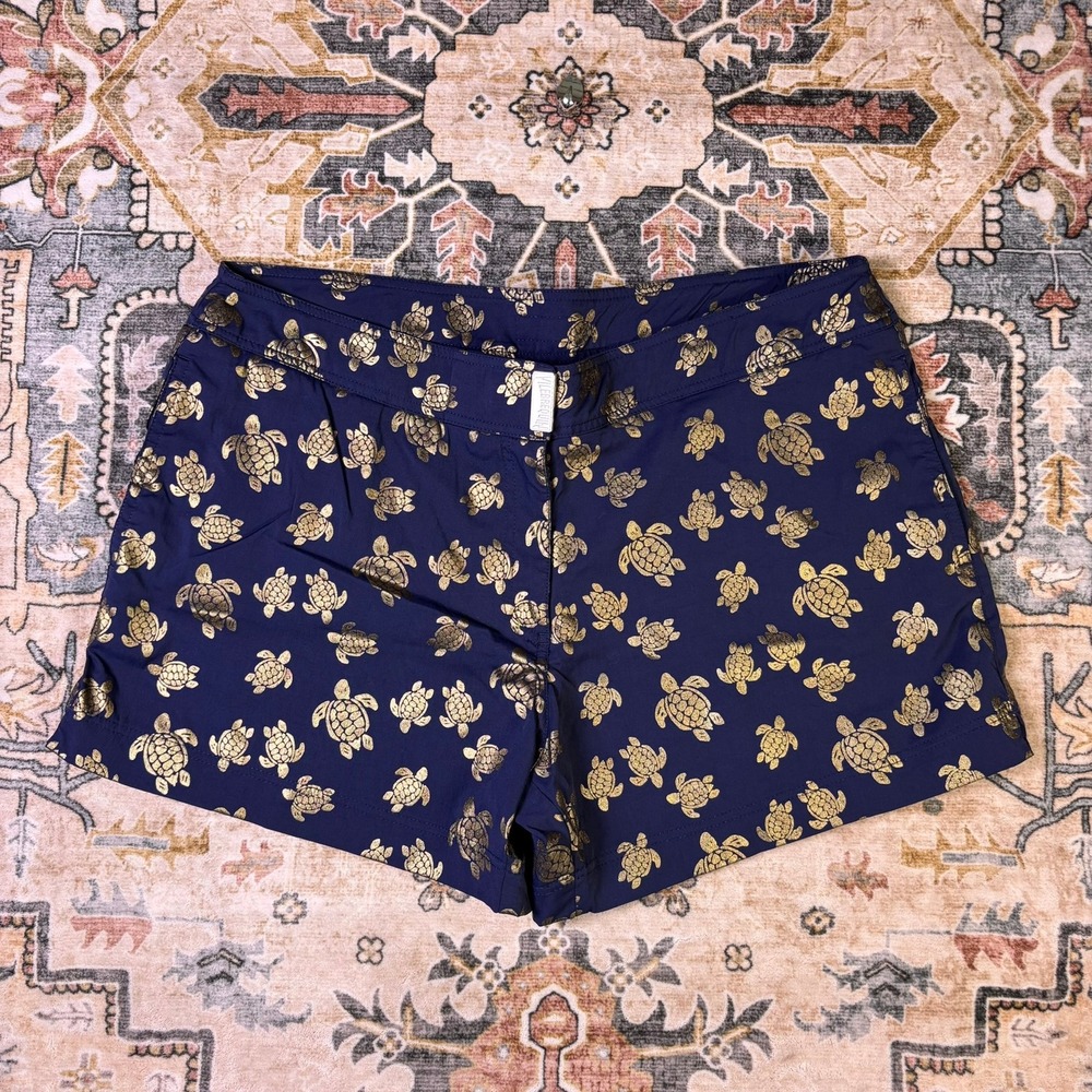 Vilebrequin Navy Gold Metallic Turtle Print Board Shorts Swim Trunks Womens LG